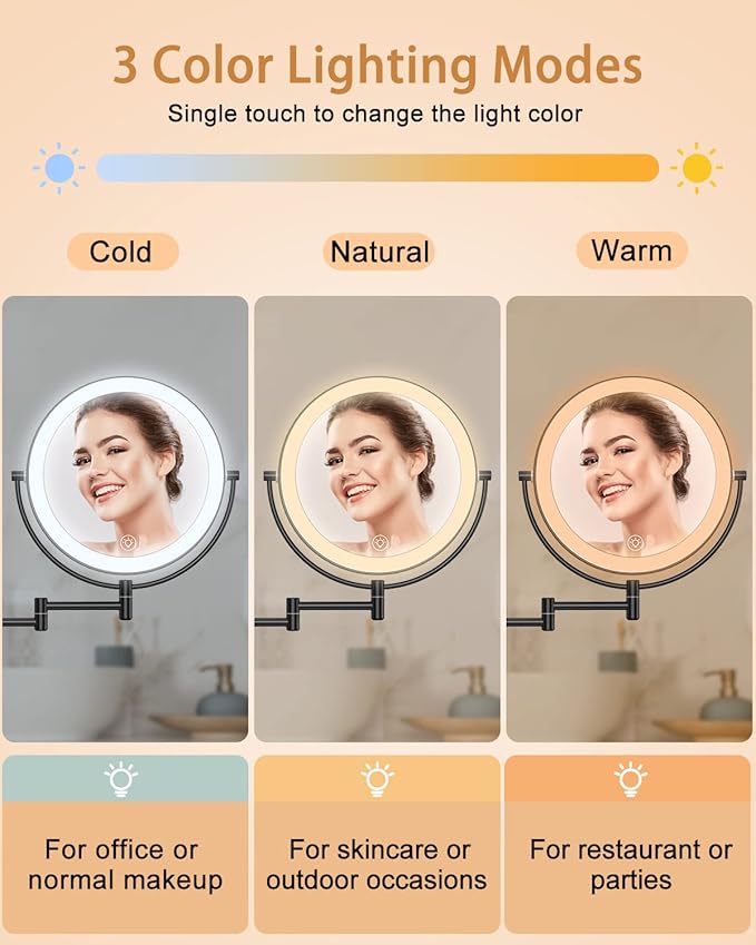 Benbilry 9" Large Wall Mounted Lighted Makeup Mirror, 1X/10X Magnifying Double-Sided AC Pulg-in Powered Bathroom Mirror with 3 Color Lights, Touch Dimmable, Extended Arm 360 Rotation, Black