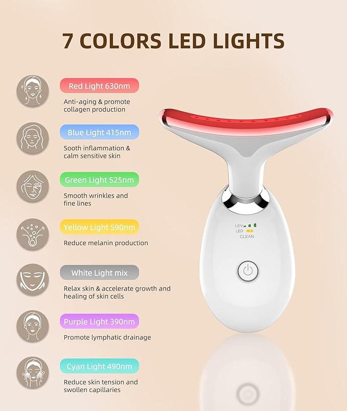 7 Color Face and Neck Massager Light Therapy, Red Light Based Facial Massager for Skin Care, Firming, Smoothing (White)