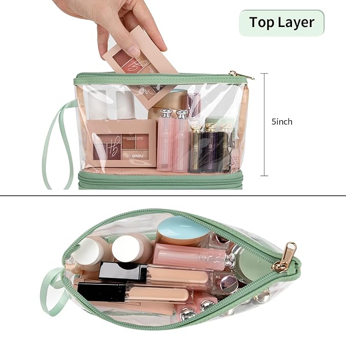 Ethereal Clear Makeup Bag, Green TSA Approved Toiletry Bag with Brushes Compartment Small Travel Make up Bags for Women