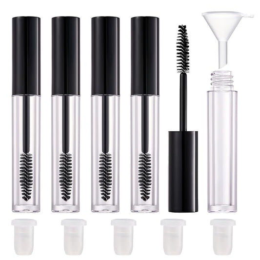 5 Pack Empty Mascara Tube, 2.5ml Transparent Reusable Eyelash Cream Container Bottle DIY Makeup Vials Cosmetic Tool for Castor Oil/Eyelash Growth Oil/Mascara with 5 Rubber Inserts, 1 Funnel