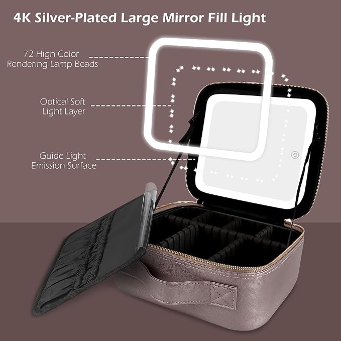 MOMIRA Travel Makeup Bag Cosmetic Bag Makeup Organizer Bag with Lighted Mirror, Adjustable Brightness in 3 Color Scenarios, Waterproof Makeup Train Case, Gift for Women - Pearl Light Gray