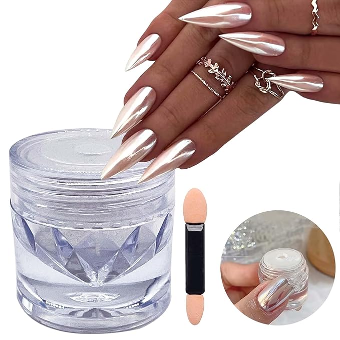 Super Glossy Mirror Effect White Pearl Chrome Nail Powder, Magic White Moonlight Effect Iridescent Pigment Powder for Nails
