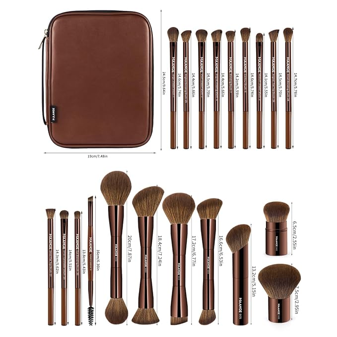 MAANGE 20 PCS Makeup Brush Set with Bag, Double-ended Kabuki Brush Foundation Contour Brush for Liquid Powder Concealer Eye Shadows Cream Cosmetics Blending Blush Face Makeup Tools (Brown)