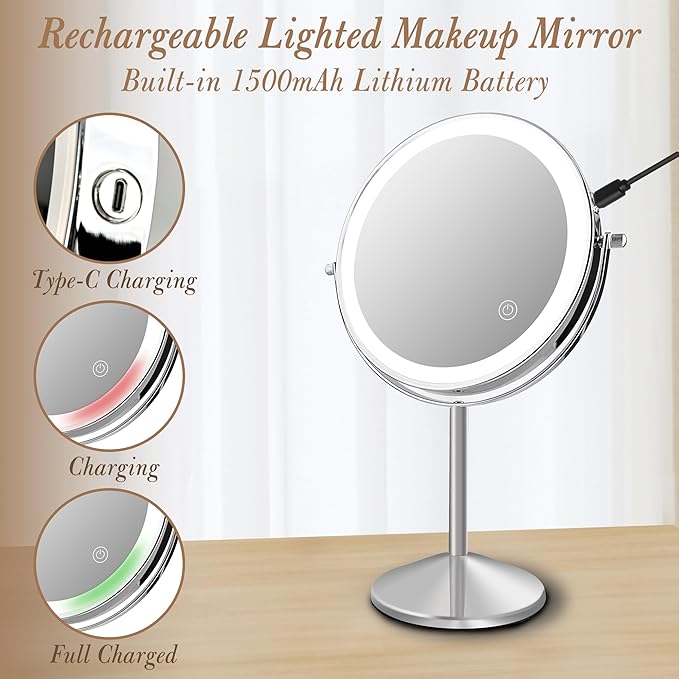 Ysenchan Lighted Makeup Mirror, 8'' Rechargable LED Vanity Magnifying Mirror, Double Sided 5X Manification Mirror with Stand, Cosmetic Standing Desk Mirror