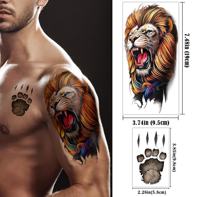 77 Sheets 3D Realistic Temporary Tattoos Adults Kids, Realistic Skull Tiger Wolf Lion Dragon Spider Snake Temporary Tattoos For Women Men, Half Arm 3D Halloween Temp Tattoos Look Real And Last Long