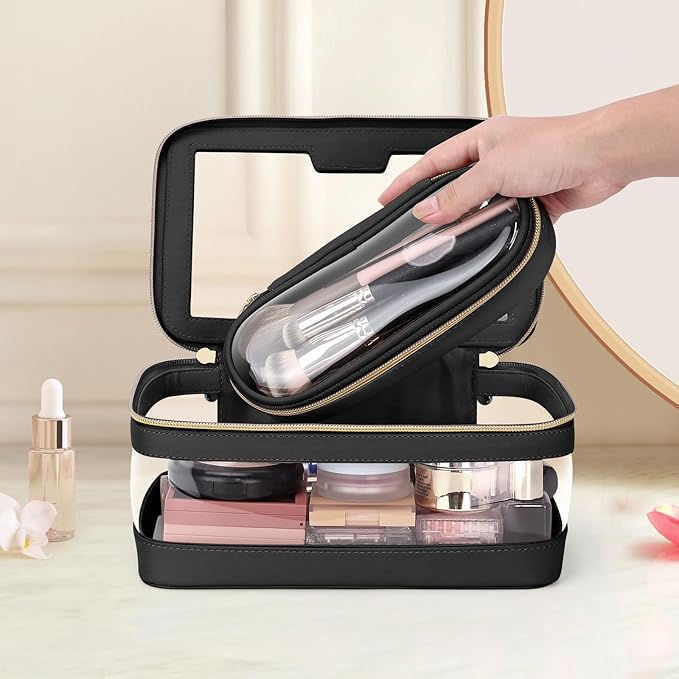 Travel Clear Makeup Bag with Makeup Brush Bag, Leather Makeup Case Toiletry Bag, Portable Cosmetic Bag Case, Transparent Waterproof Cosmetic Organizer Storage Bag for Women, Black