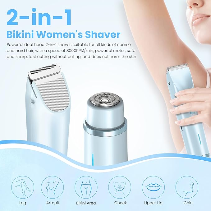 Bikini Trimmer for Women-2 in 1 Dual Head Electric Razors,USB Rechargeable Bikini Electric Shaver,IPX7 Waterproof Dry & Wet Use Body Hair Trimmer and Facial Hair Remover for Underarm Leg Body,Blue