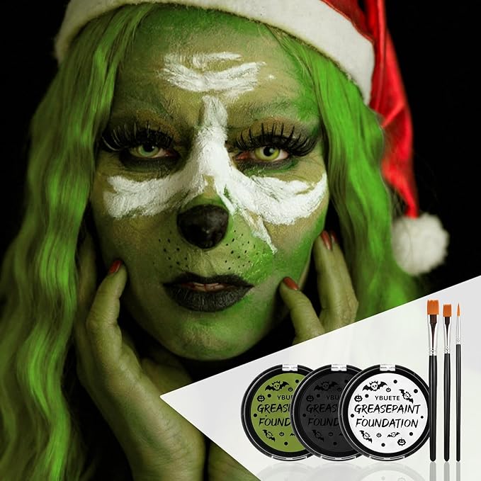 Ogre Green White Black Oil Based Face Paint Kit with Painting Brushes, Professional Greasepaint Halloween Face Painting Kit for Adult Cosplay Shrek Hulk Witch Grinch Carnival & Costume Party