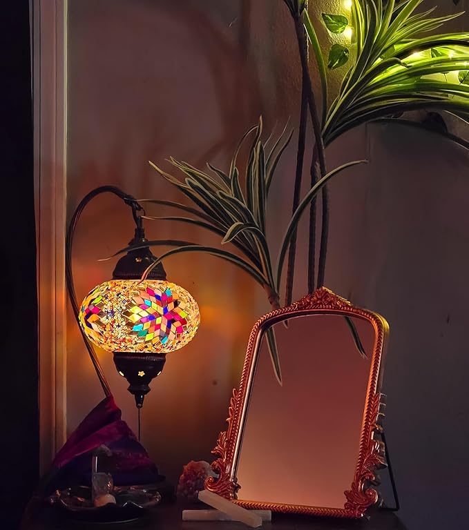 Rose Gold Makeup Mirror, Small Standing Vanity Desk Mirror Decorative Ornate Arched Desk Mirror with Carved Wood Frame, for Bedrooms,Living Rooms Table Top and Salon 11.8" x 9.6"