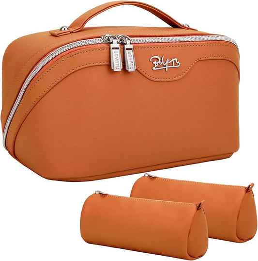 BOYATU Travel Makeup Bags Cosmetic Organizer Bag: 3-Set Large Capacity Make up Bag - PU Leather Toiletry Bags for Women - Wide Open Portable Pouch with Divider & Handle (09-Orange brown)