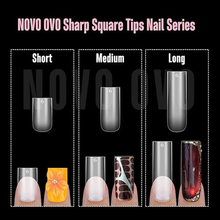 NOVO OVO Sharp Square Medium Nail Tips Press on, Natural (Not Sculpted) No C Curve Soft Gel Double Matte Clear Fake Nail Extension,Full Cover False Nails for Salon DIY Manicure x 15 Sizes 450 pcs