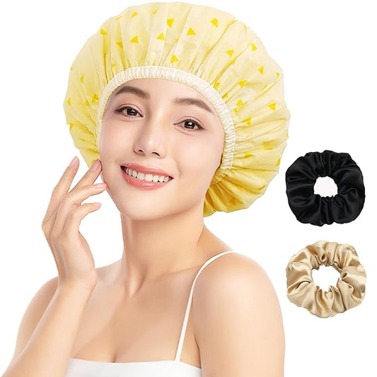 Shower Cap for Women, Shower Caps for Women Reusable Waterproof, Satin Lined Shower Cap, Hair Cap for Shower, Large Plastic Double Layers Bath Caps for Curly Hair Braids