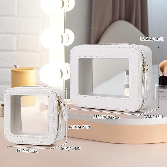 Pinkmik Clear Makeup Bag Waterproof Travel Case for Cosmetics and Toiletries Women's Purse Organizer and Clear Car Bag with Zipper (White, M+MINI)