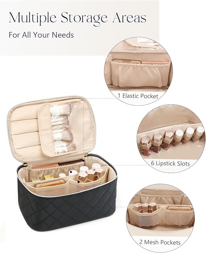 Prite Makeup Bag Portable Cosmetic Organizer with Brush Holder Waterproof Travel Toiletry Bag for Women with Handle and Divider (Black Rhombus)