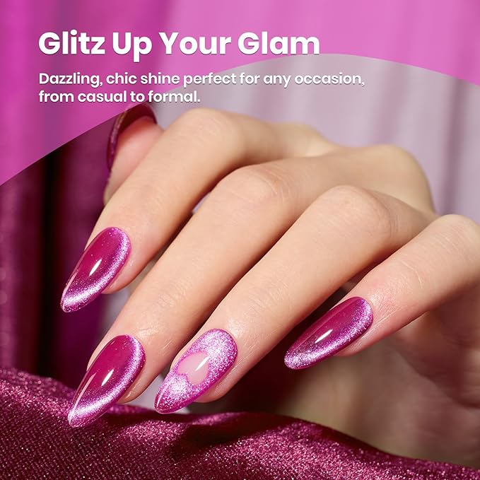 Beetles Hot Pink Gel Nail Polish - 15ML Summer Hot Pink Cat Eye Glitter Gel Polish with Magnet Soak Off UV Shimmer Velvet Gel Berry Stardust Series French Nail Art Manicure Gifts for Women