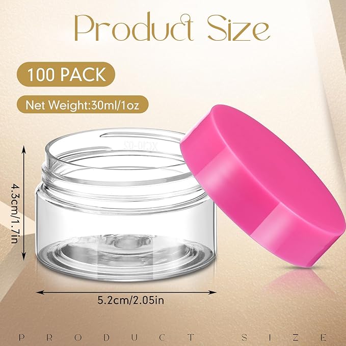 SATINIOR 100 Pcs Plastic Jars with Lids Small Containers Lids Wide Mouth Small Plastic Containers for Lotion Cream Rhinestones Body Butters Travel Storage(1 oz,Pink)