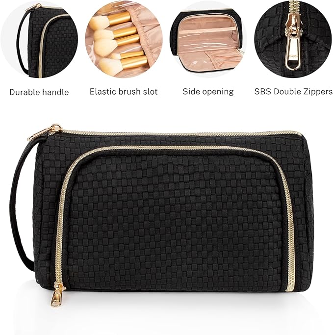 Makeup Bag, Small Cosmetic Bag with Makeup Brush Comparment, 2 in 1 Cute Make Up Organizer Pouch for Women Girls, Portable Travel Toiletry Bag