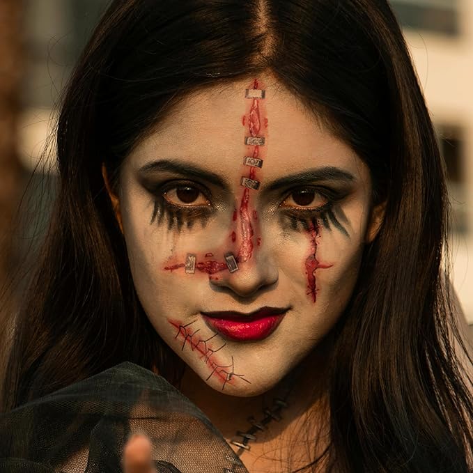 20 Sheets Halloween Scar Face Temporary Tattoos – Realistic Bloody Wounds, Stitches, Bruises & Scratch Fake Tattoos for Zombie Makeup, Scar Makeup, Bride of Chucky Costume, Cosplay