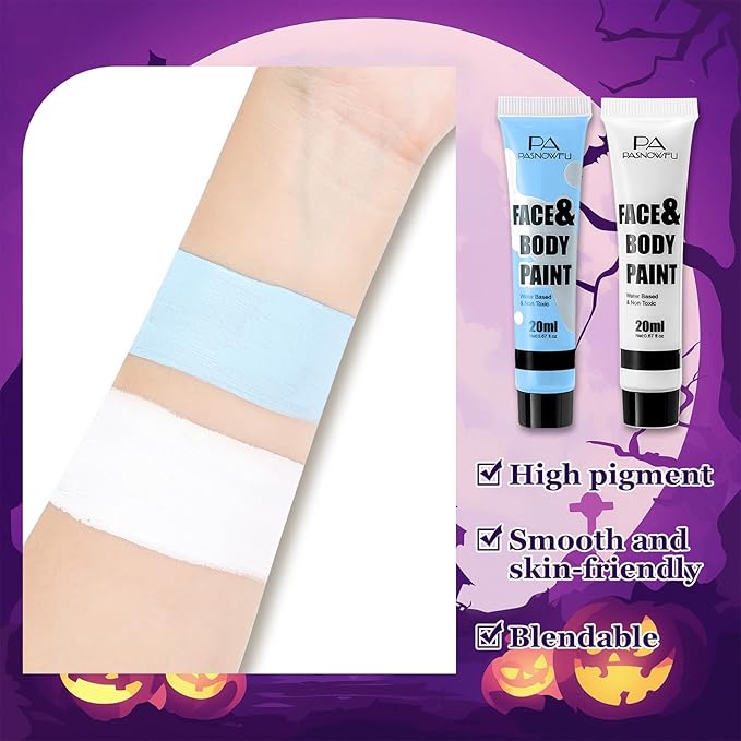 White and Light Blue Face Paint - Water-Based Non-Toxic Face Body Paint Kit for Sally Corpse Bride Looks, Highly Pigmented Body Paint for Halloween Cosplay, Costume Parties, Sports Events