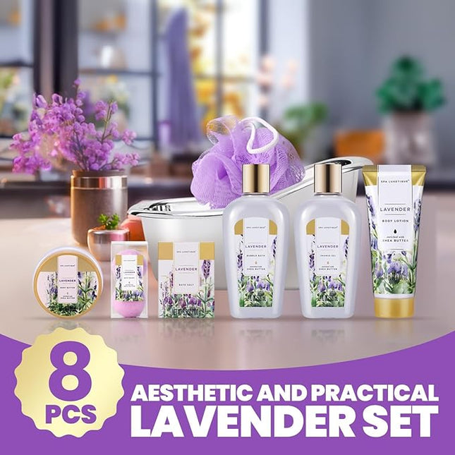 spa luxetique Spa Gifts for Women, Bath Baskets for Women, 8 Pcs Lavender Bath Sets with Bubble Bath, Lotion, Birthday Sets, Mothers Day Gift for Mom, Valentines Day Gifts for Her