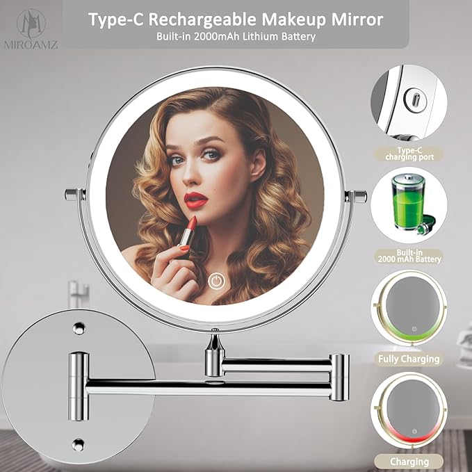 Rechargeable Wall Mounted Lighted Makeup Vanity Mirror 9 Inch Double Sided 1X 10X Magnifying Bathroom Mirror, 3 Color Lighting, Touch Screen Dimming, 360 Rotation Shaving Mirror Chrome