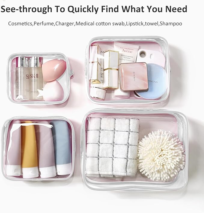 4 Pack Clear TSA Approved Travel Toiletry Bag, Carry on Travel Accessories Bag Airport Airline Quart Size Bags Cosmetic Bag for Women Clear Bogg Beach Makup Bag Accessories with 3 Pack Insert Hooks