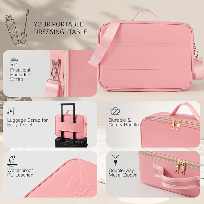 Large Travel Makeup Bag with LED Mirror, 3-Color Stepless Dimming Stand Mirror Detachable, with Adjustable Divider, Makeup Brush Holder Storage (Pink)