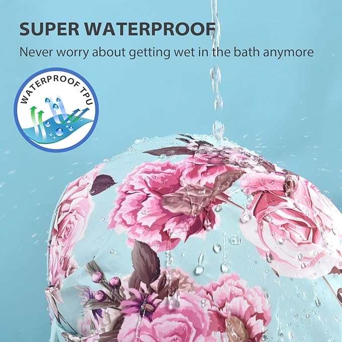 INNELO Luxury Shower Cap for Women Reusable Waterproof, Double Layered Shower Hair Cap with Adjustable Elastic Strap, Large Satin Lined Shower Bath Cap for Long Curly Straight Hair, Green-Flower