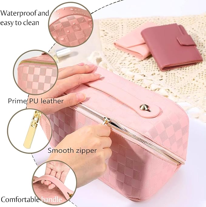 Checkered Travel Makeup Bags Cosmetic Organizer Bag: 2-Set Large Capacity Waterproof Makeup Bag - PU Leather Toiletry Bag for Women - Wide Open Portable Pouch with Handle and Divider (PINK)
