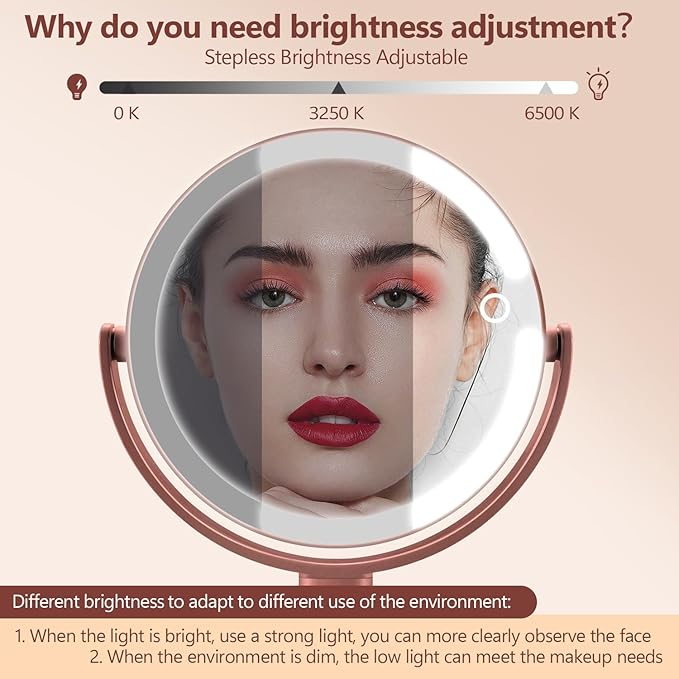 MIYADIVA Makeup Mirror with Lights, 30X Magnifying Mirror with Light and Touch Switch, Vanity Mirror with 3 Color Light and 80 LEDs, Height Adjustable Desk Mirror with Lights, Rose