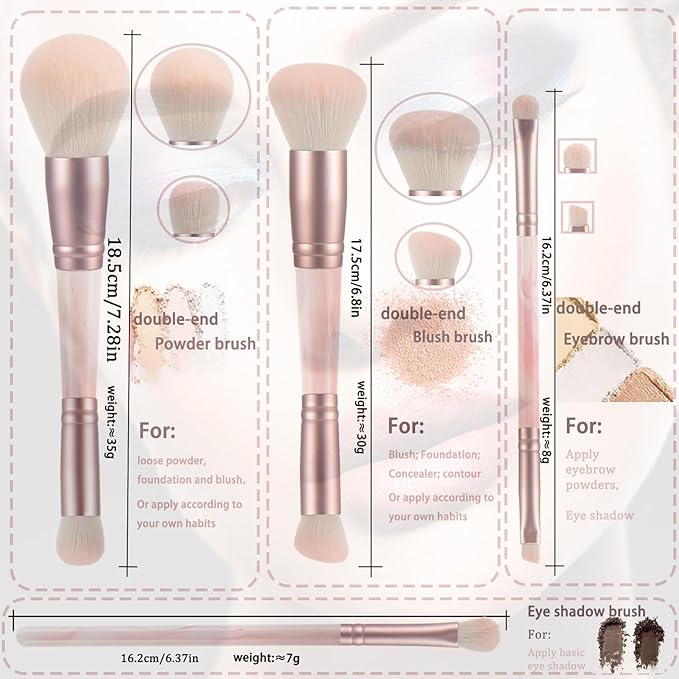 4PCS Pink Dual-Ended Makeup Brushes & Blending Sponge Set, Professional Foundation Concealer Eyeshadow Kabuki Brush with, for Liquid Powder Cream, Vegan & Cruelty-Free