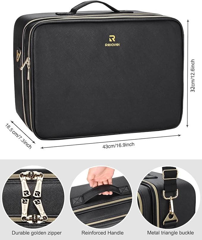 Relavel Extra Large Makeup Case Travel Makeup Bag Professional Leather Artist Bag Portable Cosmetic Brush Holder Organizer Nail Organizer Box with Adjustable Dividers