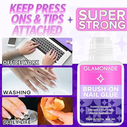 Glamonade Super Strong Nail Glue: 10ml - Professional Adhesive for Press Ons & Acrylic Nails & Fake Nail Tips Long-Lasting Mess-Free Quick-Dry for DIY Manicure