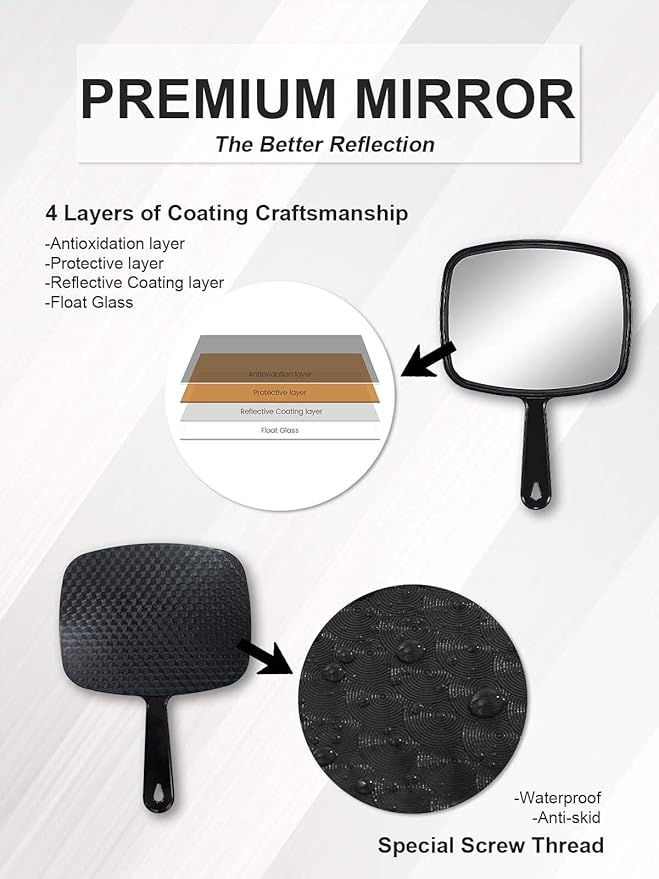Hand Mirror, Barber Hairdressing Handheld Mirror with Handle for Salon, Square, Black, Large,Pack of 3