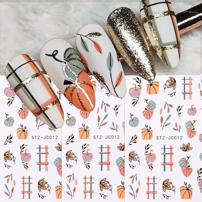 Fall Pumpkin Nail Art Stickers Decals 3D Maple Leaf Thanksgiving Day Nail Stickers Nail Art Supplies 6PCS Autumn Maple Leaves Nails Adhesive Decals Manicure Sliders for Women DIY Nail Decorations