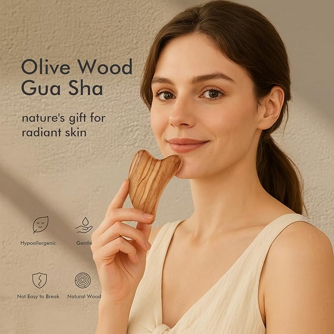 Gua Sha Tool for Face & Body: Face Massager Tool for Lymphatic Drainage - Jaw Lifting & Anti-Aging, Relieve Pain for Women Men Self Care Gift (Olive Wood)