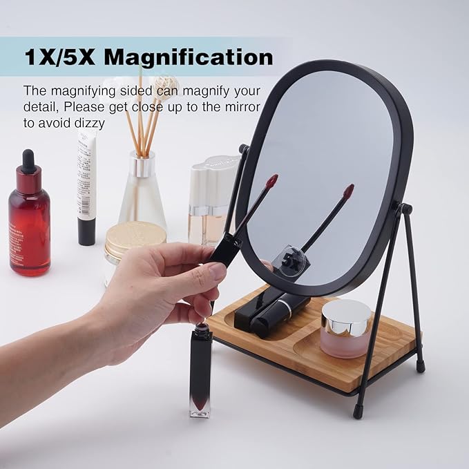 JOYOEIKON Tabletop 5x/1x Magnifying Makeup Mirror with Squared Bamboo Tray Small Desk Mirror 360° Rotation Vanity Mirror with Stand Desktop Cosmetic Mirror