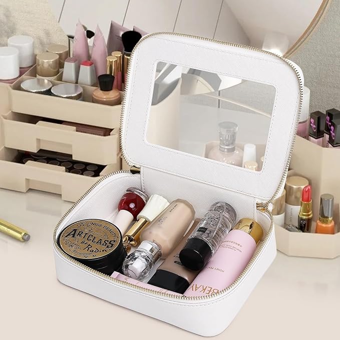 Pinkmik Clear Makeup Bag for Women Waterproof Travel Cosmetics and Toiletries Case Portable Makeup Oaganizer Bag Clear Car Bag with Zipper (White, M)
