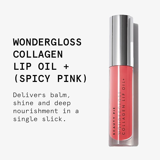 Beauty Pie Wondergloss Collagen Lip Oil + Spicy Pink 0.13 fl oz – Hydrating, Plumping, Non‑Sticky Lip Oil Gloss Hybrid with Collagen AC Micro‑Vectors & Cherry Hibiscus Oils
