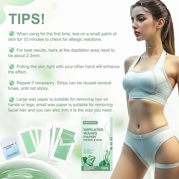 72pcs Wax Strips - Body Waxing Strips, Wax Kit for Women & Men - Brazilian Wax Kit, Back Waxing Kit, All Skin Types, Face, Arms, Legs, Armpits, Bikini, Hypoallergenic Odourless, Green