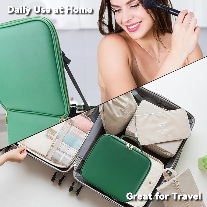Travel Makeup Bag with LED Mirror and 10x magnifying glass with 3 Lighted Settings, Adjustable Dividers and Makeup Brush Storage Bag Dark Green