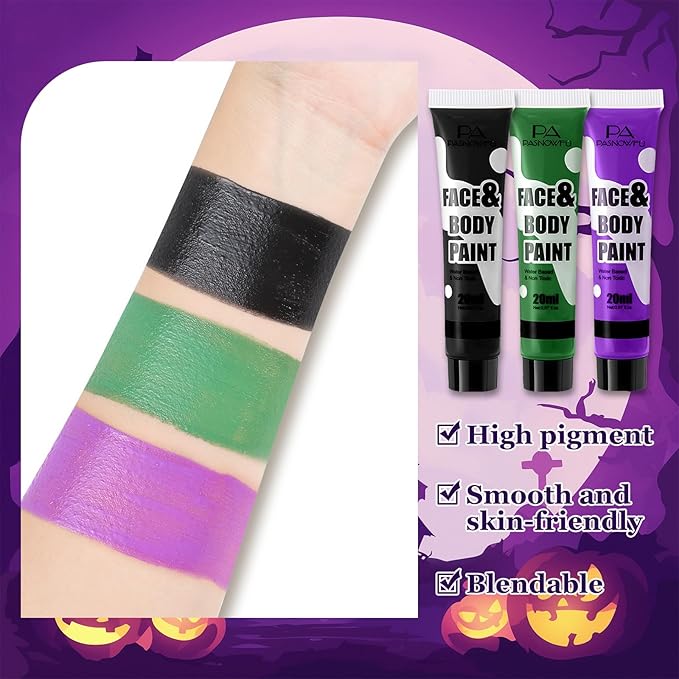 Black Green Purple Face Paint - Water-Based Non-Toxic Face Body Paint Kit for Joker Fantasy Halloween, Full Coverage Washable Face Painting for Cosplay, Costume Parties, Stage Performances