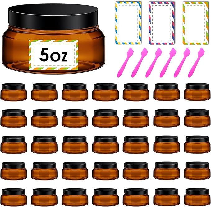 36 Pack 5 oz Amber Plastic Cosmetic Containers With Lids Refillable Clear Empty Travle Jars Containers for Body Butter,Sugar Scrubs,Cream,Lotions,Candy, Waterproof Label&Spatulas - (Black Lid)
