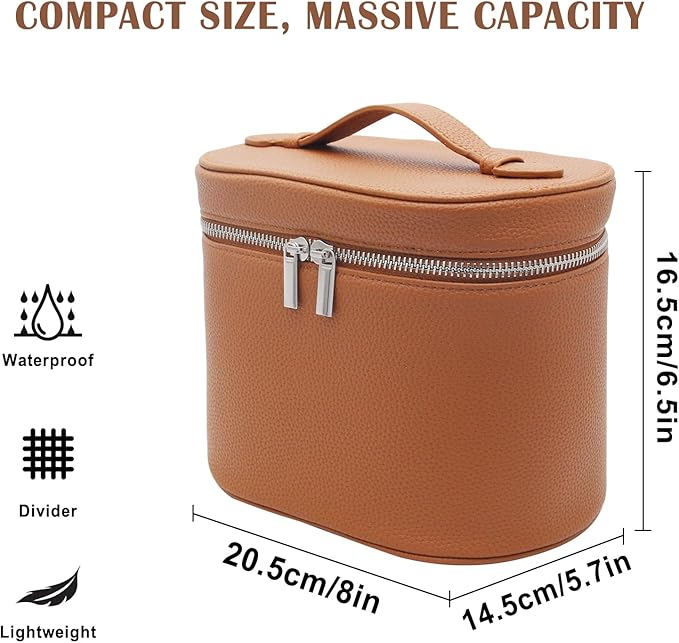 KJMYYXGS Leather Makeup Bag with Dividers Make Up Organizers with Compartments and Handle for Vanity Travel Makeup Countertop Case (brown)