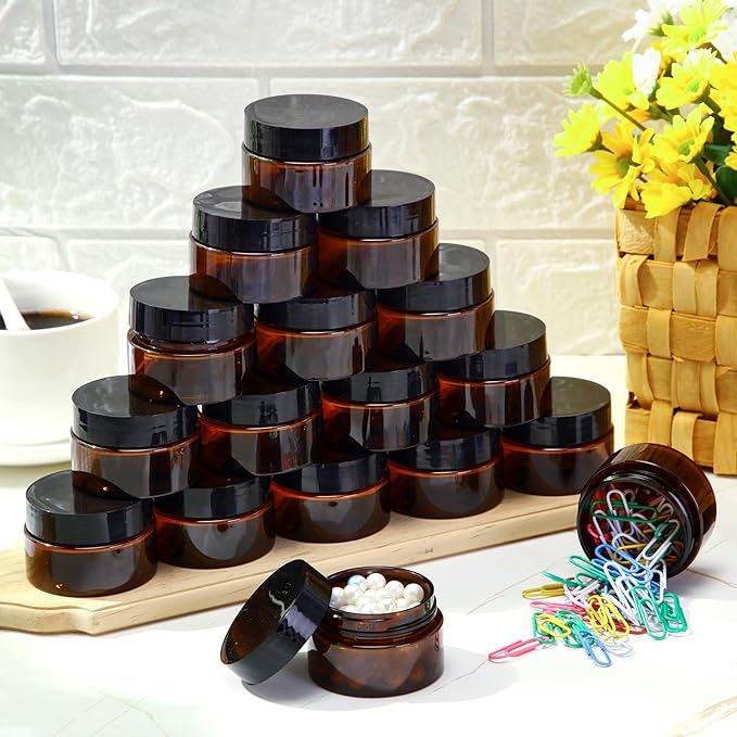 SATINIOR 100 Pcs Plastic Jars with Lids Small Containers Lids Wide Mouth Small Plastic Containers for Lotion Cream Rhinestones Body Butters Travel Storage(1 oz,Amber)