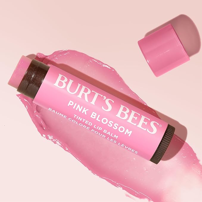 Burts Bees Tinted Lip Balm Pink Blossom; 8 Hour Moisture; Provides a Hint of Color; Nourishing Shea Butter; 100% Natural Origin; 1 Tube; 0.15 Oz. (Package May Vary)