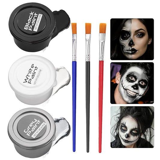 White Black Grey Face Body Paint for Halloween Makeup, Face Paint Kit with Brushes, Non-Irritating, for Adults & Kids, Full-Coverage SFX Makeup Kit for Clown, Zombie, Skeleton, Mime, Cosplay