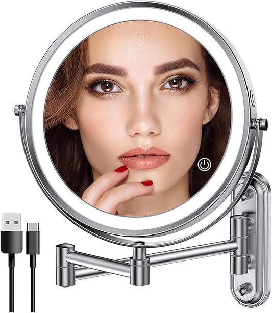 Rocollos Two-Fingers-Width Narrow Base Rechargeable Wall Mounted Lighted Makeup Mirror,3 Color Lights Dimmable Touch Screen,8 Inch LED Double Sided 1X/10X Magnifying Mirror (Polishing Chrome)