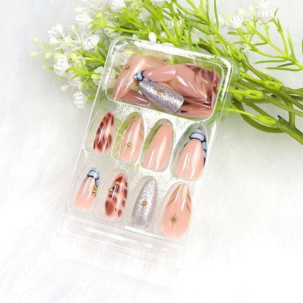 French Tips Press on Nails Almond Medium Fake Nails with Stripe 3D Gold Pearl Glitter Designs Brown Blue Acrylic Nail Glossy Nude Fall Winter Nails Press ons Cute Stick on Nail for Women 24 Pcs