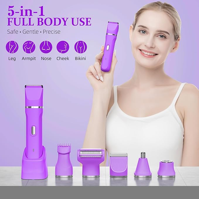 5-in-1 Bikini Trimmer for Women, IPX7 Waterproof Electric Razors Shaver, Cordless Body Hair Trimmer, Facial & Pubic Hair Removal, Ceramic Blade (Eggplant)